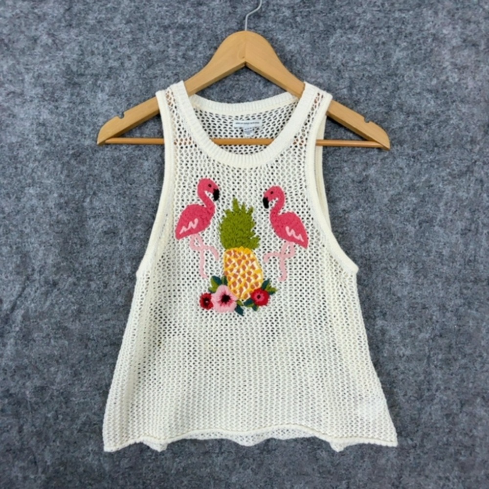 American Eagle Tank Top Womens M Cream Flamingo Pineapple Embroidered Knit Mesh